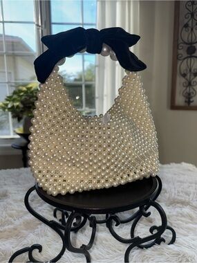Pearl Beaded Mini Handbag with Black Velvet Bow